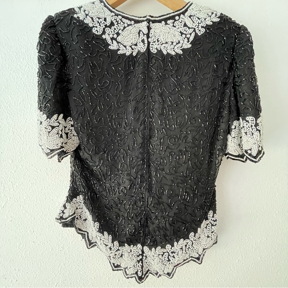 Laurence Kazar Black White Beaded Sequins Vintage Scalloped Sleeve Blouse Size M - Picture 6 of 8